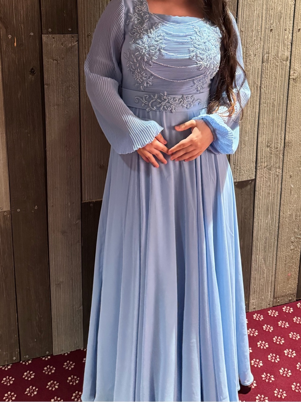 Elegant Light Blue Long Sleeve Evening Dress